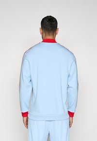 Light blue sweatshirt with red accents on collar and cuffs, featuring a simple, clean design and soft texture. No visible branding or patterns.