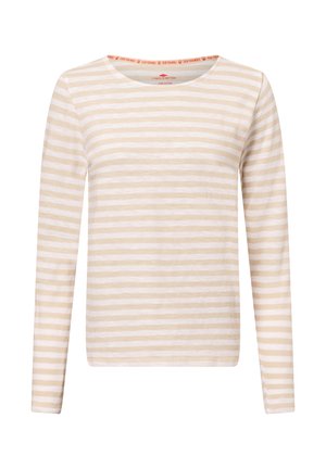 Langarmshirt in Beige mit weißen Streifen, aus reinem Baumwollstoff, rundem Ausschnitt und orangefarbenem Akzent am Innenkragen.