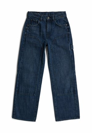 Donkerblauwe denim werkbroek met versterkte kniestukken en voorzakken, riemlussen en een zijdelingse gereedschapslus aan het rechterbeen.