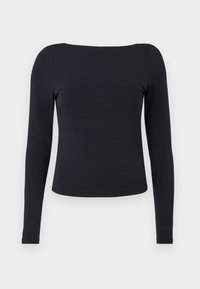 Czarny top z długim rękawem, wykonany z miękkiego, elastycznego materiału. Posiada okrągły dekolt i dopasowany krój, charakteryzuje się gładką teksturą i brakiem wzorów.