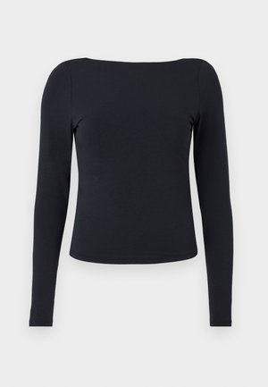 Svart langermet topp laget av myk, elastisk stoff. Har rund hals og en tettsittende silhuett, med en jevn tekstur og uten mønstre.