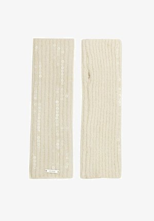 Para kremowych ocieplaczy na nadgarstki, dzianych, z pionowym ściągaczem i rozsianymi cekinami, z jedną sztuką z małą metalową metką marki.