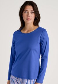 Blauw langemouwtop van gladde stof met een ronde halslijn. Eenvoudig ontwerp, met een losse fit en zonder zichtbare patronen of accenten.