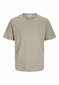 Gray short-sleeve t-shirt with horizontal stripes in light blue and beige. Features a classic crew neck design and a relaxed fit. Soft fabric.
