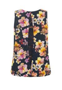 Haut noir sans manches avec imprimé floral rose, jaune et orange et un panneau en dentelle central dans le dos.