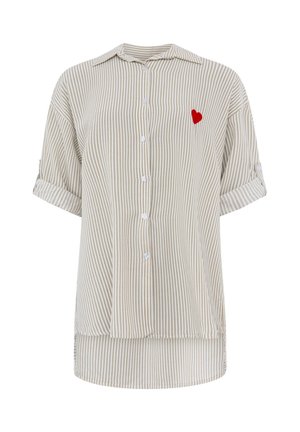 Beige and white vertical striped button-up shirt with short rolled sleeves and a small red heart on the left chest.
