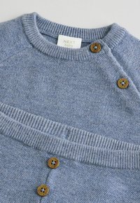 Hellblauer gestrickter Pullover mit geripptem Halsausschnitt, strukturiertem Körper und Holzknöpfen an der Schulter. Markenetikett sichtbar.