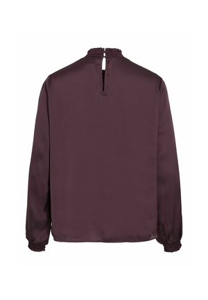 Mauve langærmet bluse i glat stof, med et nøglehul i ryggen og smockede manchetter for en struktureret pasform ved håndleddene.