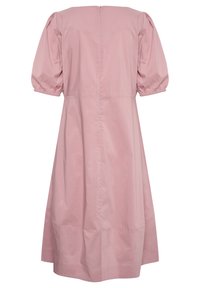 Klänning med puffärmar i knälängd i mjuk rosa tyg. Har en dragkedja bak och en avslappnad passform. Slät struktur och enkel design.