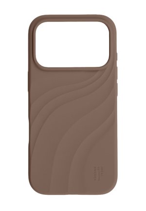 Brown silicone phone case with wavy textured pattern and large camera cutout, branded with "Ideal of Sweden" text.