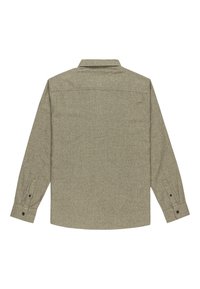 Olijfgroene longsleeve shirt van een gestructureerde stof, met knoopmanchetten en een rugpas. Heeft een rechte zoom en twee knoopdetails.