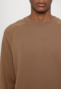 Bruine sweatshirt met een ronde hals, raglan mouwen en een gestructureerde stof. Heeft zichtbare stiksels langs de naden. Geen graphics of patronen.