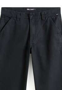 Pantalones de carpintero negros hechos de resistente tejido de algodón, con cierre de botón, bolsillos frontales y un ajuste relajado con un diseño de pierna recta.