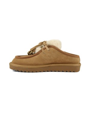 Chaussure marron en daim à enfiler avec doublure en fourrure, laçage à l'avant avec pompons, et une semelle en caoutchouc rainurée.