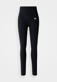 Svarte leggings med høy livhøyde, laget av elastisk stoff. Har en liten hvit logo på venstre lår og tettsittende ben.