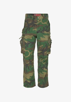 Roheline ja pruun kamuflaažimuster cargo püksid. Valmistatud vastupidavast kangast, mitme tasku ja sirge säärega disain.