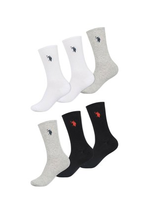 Three pairs of cotton socks: white with navy logo, gray with navy logo, and black with red logo. Ribbed cuffs, standard crew length.