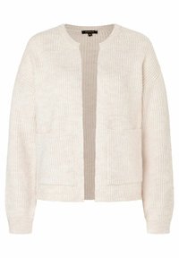 Cardigan en maille beige clair avec une texture côtelée, à l'avant ouvert et deux poches avant. Dispose de manches longues et d'un col rond.