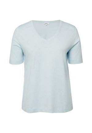 Chemise bleu clair à manches courtes avec col en V, ourlet droit et design sobre, présentée sur fond blanc.