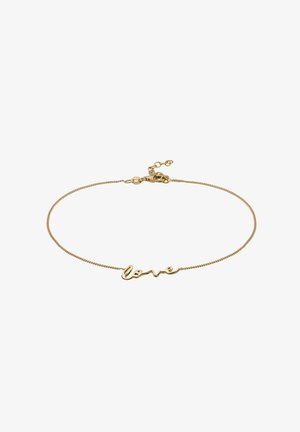 Bracelet délicat en chaîne dorée avec le mot « amour » écrit en écriture cursive comme pièce centrale et une petite fermeture.