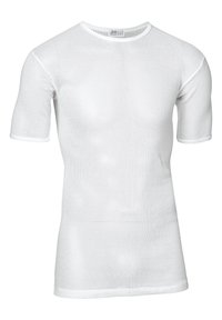 Hvid kortærmet T-shirt lavet af meshstof, med rund hals, struktureret design og tætsiddende pasform.