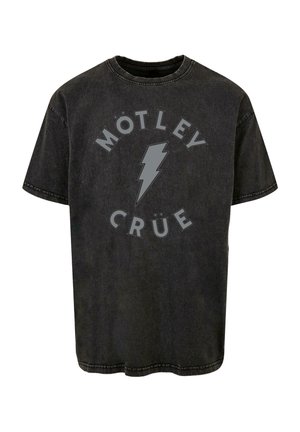 Juodas medvilninis marškinėliai su apvaliu kaklu, su pilku žaibo dizainu ir apvaliu išdėstymu "MÖTLEY CRÜE" tekstu. Trumpomis rankovėmis.