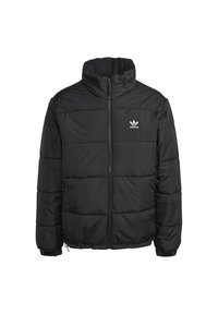 Czarna kurtka puchowa z wysokim kołnierzem, logo na lewej piersi, zapięcie na zamek błyskawiczny i poziomy pikowany wzór. Elastyczne mankiety i dół kurtki.