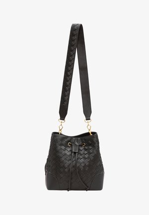 Black leather bucket bag with woven texture, adjustable strap, gold hardware accents, and cinch closure.