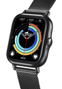 Black smartwatch with a square screen displaying circular health metrics in vibrant colors. Features a metal mesh strap and button on the side.
