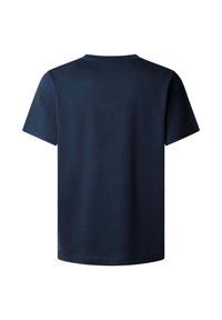 Plain navy blue short-sleeve T-shirt shown from the back with a round neckline and no visible logos or designs.