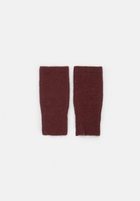 Burgundské pletené rukávy vyrobené z měkké tkaniny, představující žebrovanou strukturu a obdélníkový tvar s otevřenou částí na zápěstí.