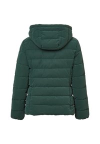 Giubbotto imbottito verde con cappuccio, caratterizzato da un design trapuntato, cuciture orizzontali e una texture liscia e lucida. Solo vista posteriore.