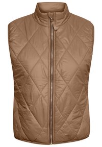 Kurtka pikowana w kolorze tan, z wysokim kołnierzem i pełnym zamkiem z przodu. Materiał jest gładki o matowym wykończeniu. Wzór w diamenty.