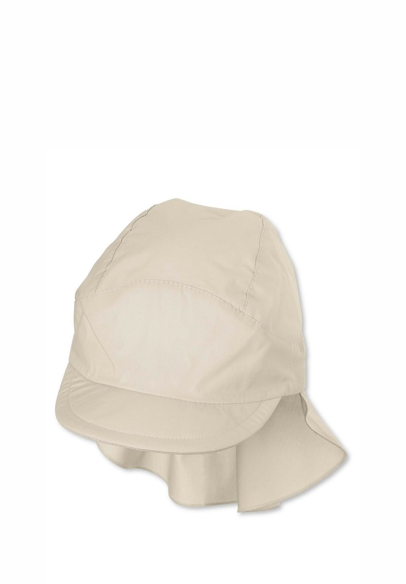 Beige Sonnenhut aus leichtem Stoff, mit einem traditionellen Kappendesign und einem breiten, schützenden Rückenschirm für Sonnenschutz.