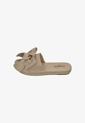 Beige suede espadrille slide with large bow detail on upper and braided jute sole.