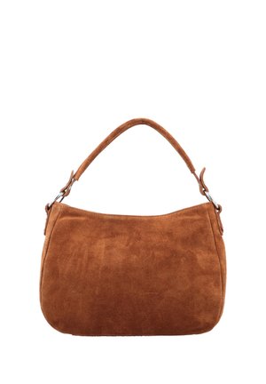 Brun ruskind skuldertaske med ét polstret håndtag og sølv ringe på begge sider, mod en hvid baggrund.