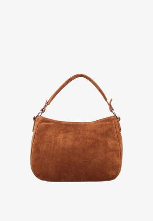 Brązowa zamszowa torba na ramię z pojedynczą wyściełaną rączką i srebrnymi pierścieniami po obu stronach, na białym tle.