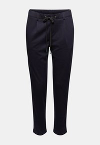 Pantalon droit bleu marine avec poches avant et cordon noir à la taille élastique.