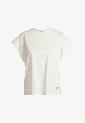 T-shirt blanc à manches courtes avec une coupe décontractée. Fabriqué en tissu lisse, il présente un détail de logo subtil en bas à gauche de l'ourlet.