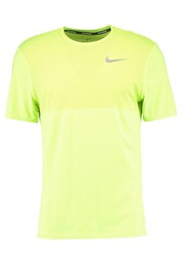 Camiseta de running Nike amarilla neón con mangas cortas, textura de malla, cuello redondo y un sutil logo gris de Nike en el pecho.