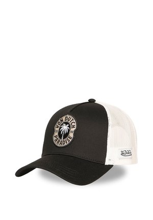 Schwarz-weiße Von Dutch Trucker-Kappe mit Netzrücken und vorderem Aufnäher mit Palme und dem Schriftzug „Von Dutch Paradise“.