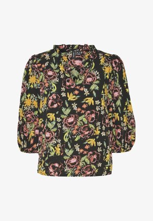 Zwarte blouse met roze, gele en groene bloemenprint, driekwart ballonmouwen en een licht gerafelde kraag.