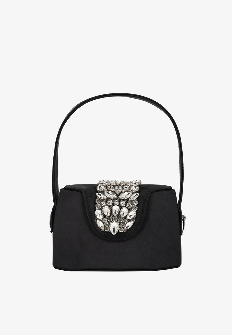 Borsa nera dalla forma strutturata, con un ornamento decorativo in argento a forma di gioiello sulla patta e una finitura testurizzata. Tracolla regolabile.