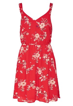 Rotes ärmelloses Kleid mit rosa und weißen Blumenmustern und geraffter Taille, designed für den Freizeitgebrauch.