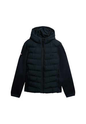 Black hooded jacket with quilted front, knitted sleeves, full zipper, and side pockets, branded "Superdry" on the chest and sleeve patch.