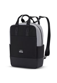 Black and gray backpack made of durable fabric, featuring two sturdy handles, adjustable straps, and a front logo patch.