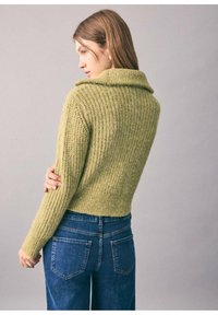 Pulover verde cu dungi, cu guler, mâneci lungi, design scurt. Asortat cu blugi albaștri cu talie înaltă, evidențiind detalii și textură pe spate.