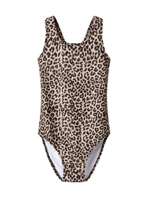 Badedragt i ét stykke med brede skulderremme og beige leopardprint.