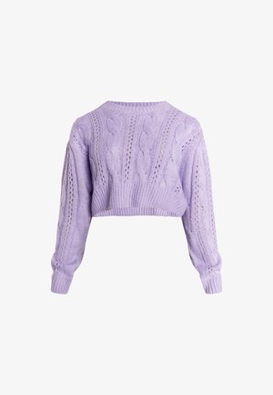 Purpuļziedu apgrieztais džemperis ar kabelveida adījuma dizainu, ar garām piedurknēm un ribbētu apakšmalu. Izgatavots no strukturēta adījuma materiāla ar atverēm.