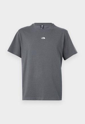 T-shirt grigia a maniche corte con scollo rotondo e piccolo logo bianco The North Face centrato sul petto.